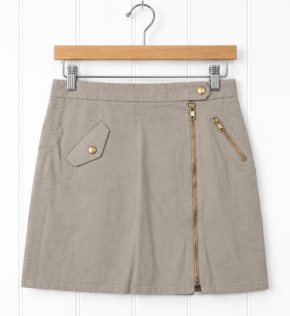 J Crew Zip Mini Skirt 00 Flax Linen Cotton Khaki Utility Pockets